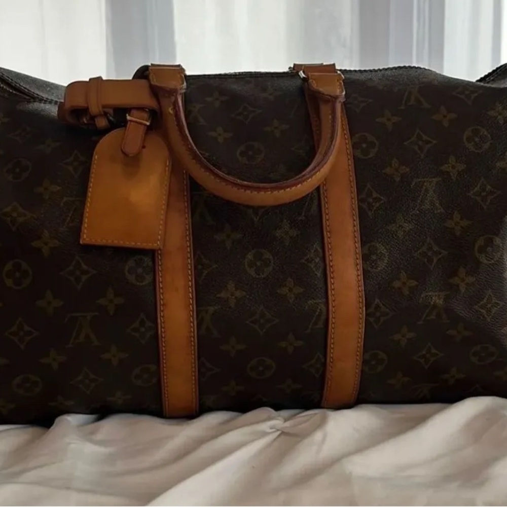 Louis Vuitton Brown Monogram Keepall 45 Duffel Bag with Tan Leather Trim